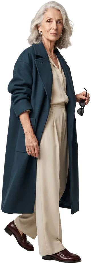 El Icono: Mujer mayor de pelo plateado con abrigo largo azul petróleo, pantalón marfil y mocasines burdeos, con unas gafas de sol en la mano